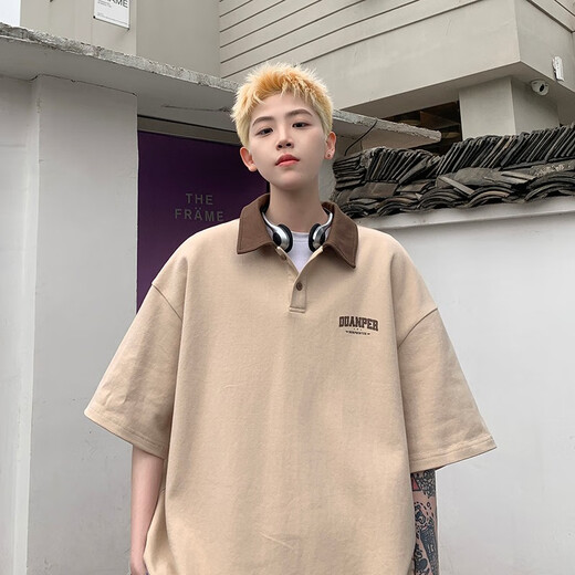 Poum Khaki Polo Coloque Camiseta de manga corta Summer New Retro New Retro Marca Contrasting Lapel Camiseta Top Top Top CQS-847 Caki 3xl