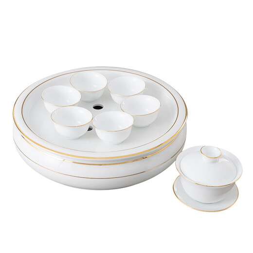 Henggu (Heregur) Chaoshan Kung Fu Tea Set Home Tea Making Set 10-inch Round Blue and White Ceramic Tea Tray Chaozhou Small Modern Simple Chinese Retro Gold Thread - 10-inch 8-piece Covered Bowl Set