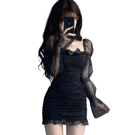 忆静萱（YIJINGXUAN）纯欲性感网纱拼接连衣裙女春秋辣妹修身裙子收腰显瘦长袖包臀夜店 黑色 046# M 【建议100斤左右穿】