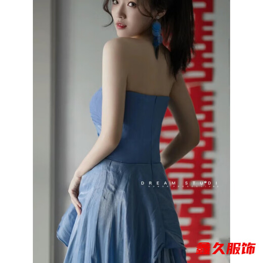 Meianjia new Chinese dressing gown female bride engagement dress toast dress niche light wedding dress banquet tube top dress blue dress M 165