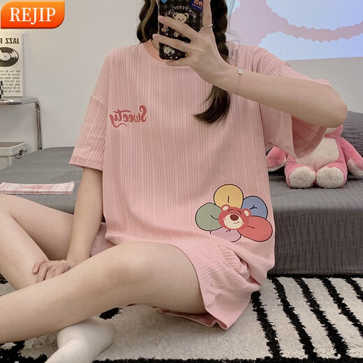 
REJIP pajamas ladies 2024 new short-sleeved shorts summer cute internet celebrity style home clothing summer suit can be worn outside Q6627 2XL [recommended 140-160Jin [Jin equals 0.5 kg]]