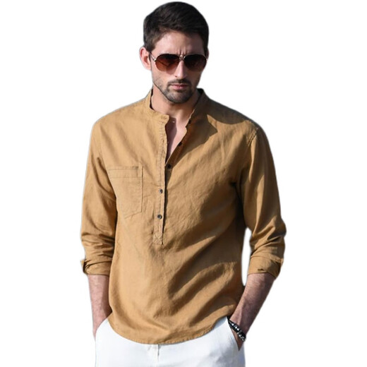 Kuraishi Kazuki trendy brand light luxury high-end cotton and linen Henry collar shirt men's 2025 summer new stand-up collar long-sleeved casual top dark gray XL