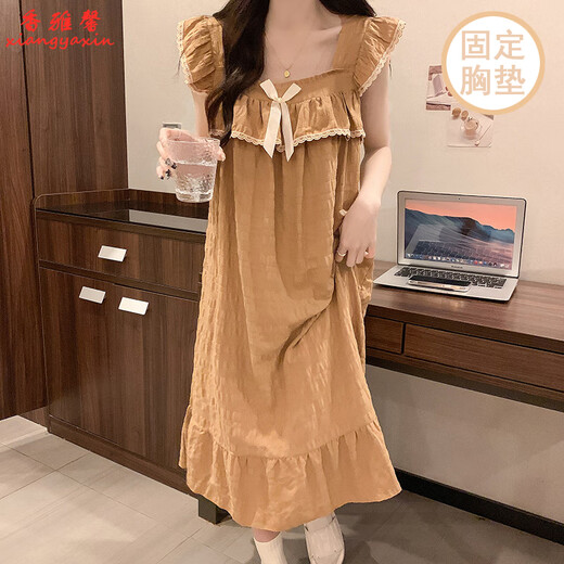 香雅馨夏天公主风棉质吊带睡裙女夏季薄款带胸垫睡衣少女中长款连衣裙 9905黑格 2XL