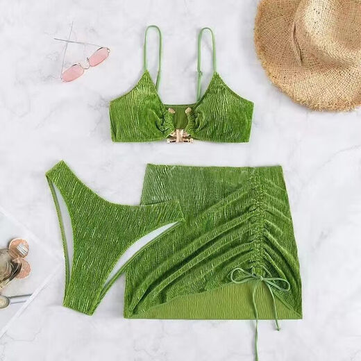 Swimwear Women's Bikini 2024 New Seaside Beach Sexy Three-piece Set with Breast Pads Small Breasts Push-Up Hot Spring Vacation Black (Three-piece Set) S (40-48kg) Reject inferior quality