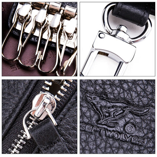 Sieben Wolfs echte Leder-Schlüsselbeutel für Herrengeschäft Casual Multifunktional Top Leder Schlüsselbund schwarz modische Taillenbeutel Schwarz schwarz