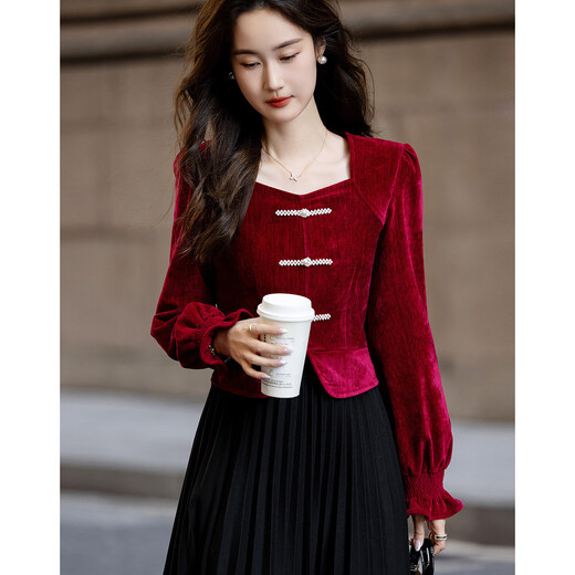Demana Stars and Moon Spring and Autumn Chinese Style New Chinese Square Collar Shirt Pearl Disk Button Velvet Shirt Women's Top