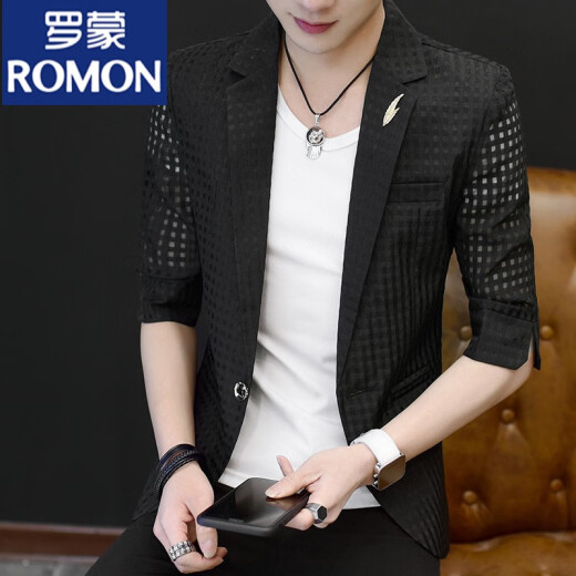 罗蒙（ROMON）镂空夏季西装防晒服薄款七分袖社会小伙精神外套韩版潮流男士透气 小格子白+短白T恤 175/88A (115-135斤)