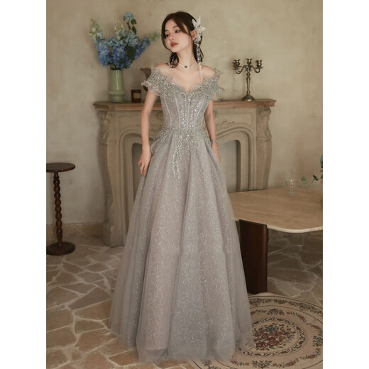 Vestido de noche de Minghuitong para mujeres 2024 Nuevo regalo de cumpleaños Temperamento elegante Banquete que anfla los exámenes de arte de los estudiantes se pueden usar normalmente 1694 gris xl