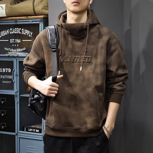 Chaotianshi autumn new style Medela dirty retro hooded sweatshirt men's loose letter stamped autumn and winter thickened long-sleeved jacket dark brown M 100-130Jin Jin equals 0.5 kg