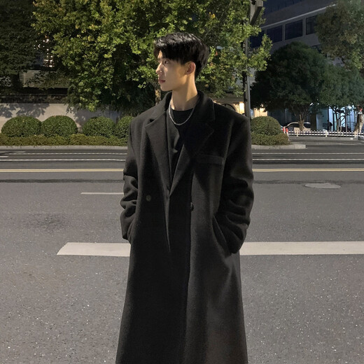 Dingfengbaoluo Woolen Coat Jacket Men's Spring Mid-Length Korean Style Premium Loose Over-the-Knee Woolen Windbreaker HT88 Black 2XL