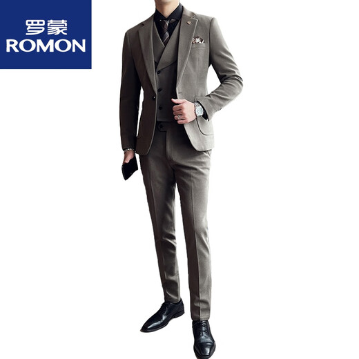 ROMON Groom's Suit Men's Slim Woolen Suit Men's Suit Wedding Dress Khaki Thickened Winter Off-White (Suit + Pants + Vest) Tie M