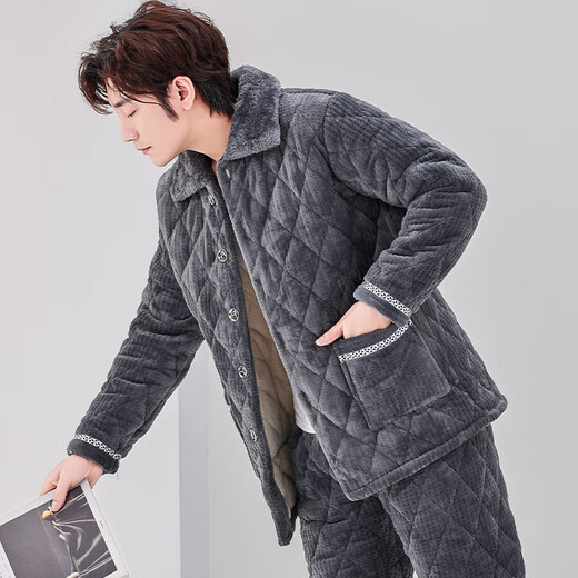
Xuanduoqi pajamas men's three-layer thickened coral velvet cotton flannel warm home clothing set autumn and winter style C9903# black gray men [milk velvet] XL (125-145Jin [Jin equals 0.5 kg]) three-layer thickened