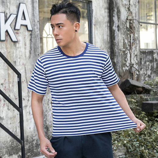 致情怀海魂衫体能服训练服套装男夏季海洋蓝白条纹圆领速干透气体能训练 海魂衫单上衣 165-17084-88