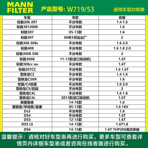 曼牌（MANNFILTER）W719/53机油格滤芯 机油格适用大众迈特威凯路威
