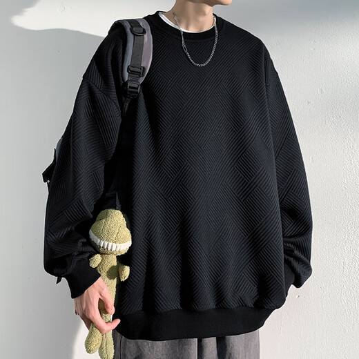 OEMG华夫格重磅无帽加绒加厚卫衣男春秋冬季潮牌保暖圆领宽松百搭外套 黑色常规 XL [建议125-140斤]