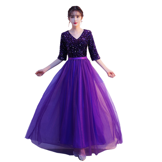 Pugos 2025 chorus performance costumes for women slim long skirts for starry night dresses temperament host singing and recitation performance costumes Purple [student middle-aged and elderly chorus] 3XL