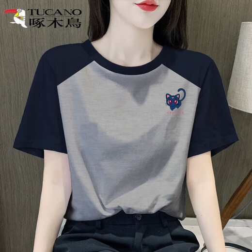 啄木鸟T恤女复古插肩短袖t恤衫女士2025新款纯棉体恤设计感小众上衣洋气 6191花灰色-插肩袖 XL