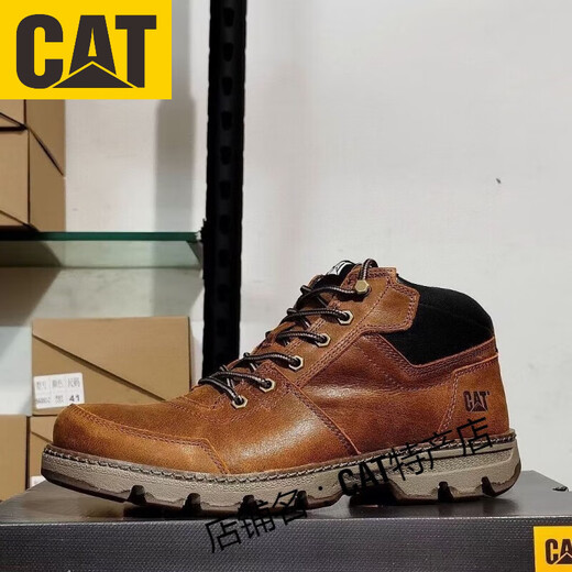 卡特CAT 新款高帮头层牛皮马丁靴英伦潮流户外工装靴复古男靴 中邦卡其 标准皮鞋尺码 40