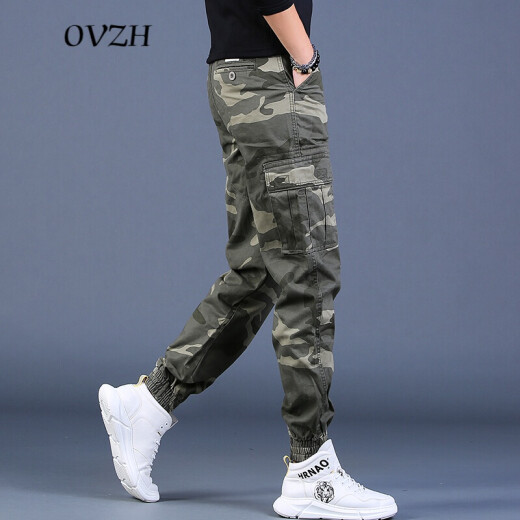 OVZH休闲裤男潮牌秋季新款男士潮流韩版迷彩工装裤束脚男士长裤 698A款 绿色 33