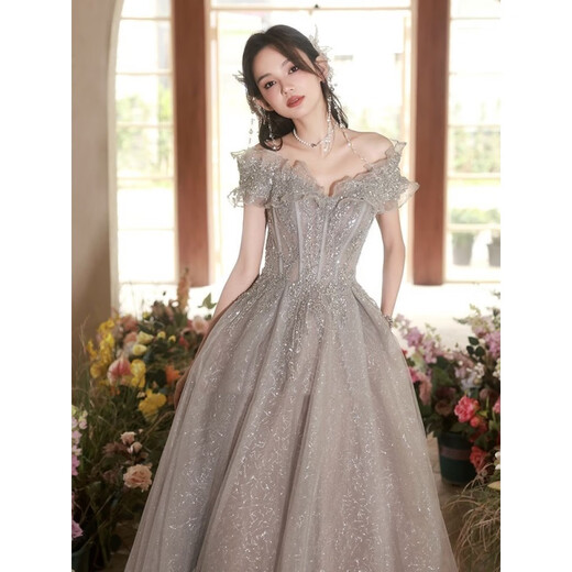 Vestido de noche de Minghuitong para mujeres 2024 Nuevo regalo de cumpleaños Temperamento elegante Banquete que anfla los exámenes de arte de los estudiantes se pueden usar normalmente 1694 gris xl