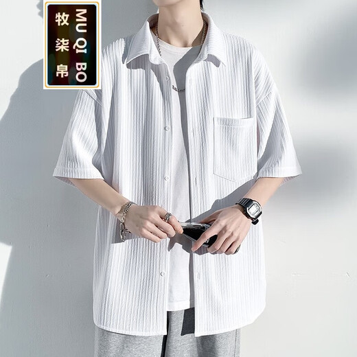 Muqibo (Muqibo) Camisa de manga corta Waffle para hombres en verano estilo Hong Kong Diseño suelto y elegante chaqueta casual de moda de moda para hombres C844 Black XL [130-150Jin [Jin equivale a 0.5 kg]] Deseable
