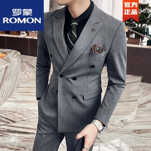 ROMON spring suit men's Korean style casual small suit men's double-breasted British style handsome trendy slim jacket medium gray double-breasted (suit + vest + pants XL (52)