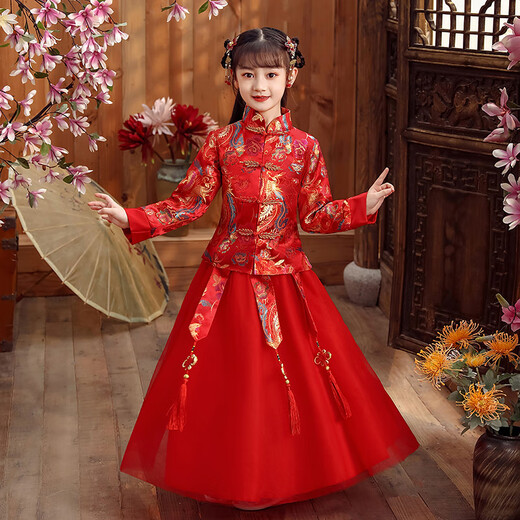 银昕儿童中山装男童中式婚礼花童礼服绸缎面秀禾服红色拜年服女童唐装 龙凤呈祥女童 上衣+裙子 150 cm 儿童身高约145/155cm