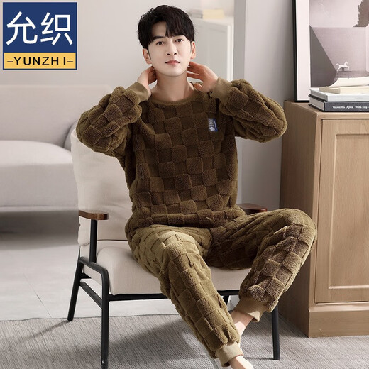 允织睡衣男士冬季珊瑚绒加厚加绒2025年新款秋冬法兰绒冬款大码家居服 9853-熟褐色 M (165) ：适合100-120斤穿着