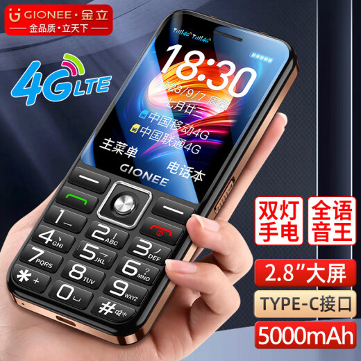 金立老年人手机4G全网通5000毫安超长待机2.8英寸大屏大字体大声音大按键学生老年机双卡双待V37 黑色