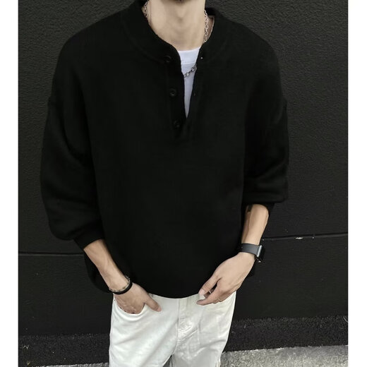 Tang Hao Autumn American Henley Collar Casual Sweater Boys Trendy Versatile Loose Couples Students Handsome Bottoming Sweater Gray XL