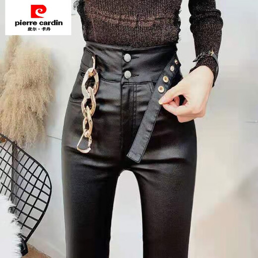皮尔卡丹（pierre cardin）加绒皮裤女秋冬新款高腰外穿打底裤哑光显瘦紧身小脚铅笔裤子 现货/系带皮裤【9921款】 加绒 S 【80-95斤】卡码往大拍