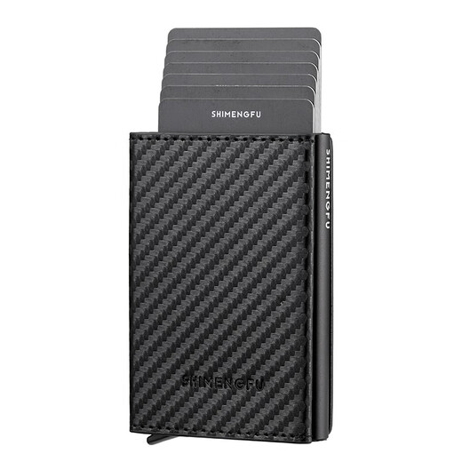 Qimo KEMY anti-theft brush pop-up card box shielded RFID ultra-thin card bag wallet metal wallet card cover carbon fiber pattern black