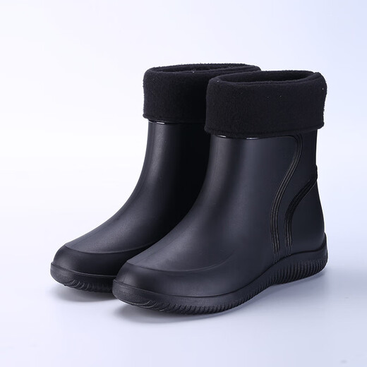 2024 Wasserdichte Schuhe Männer und Frauen Regenstiefel modische kurze Röhrchen verdickte warme Gummischuhe Arbeit nicht rutschfischer Fischerei Kücherin Regenstiefel Schwarz [Einzelschuhe] Standardgröße 38