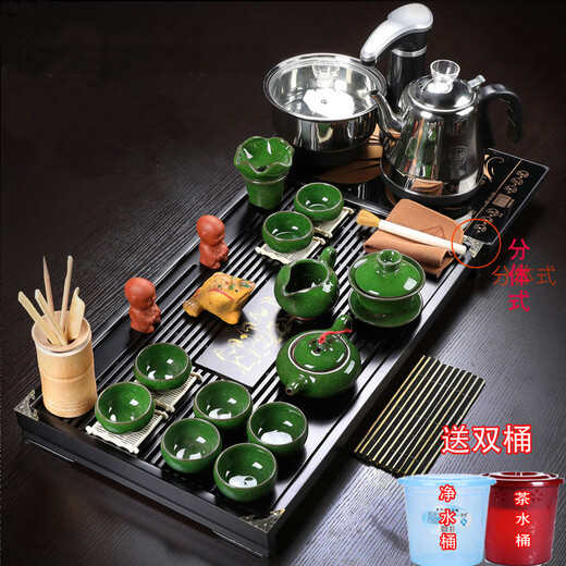 Empty cicada purple sand kung fu tea set home set living room fully automatic water boiling kettle tea tray tea table simple teapot tea cup 02 horse pan Tang poetry tea set automatic black
