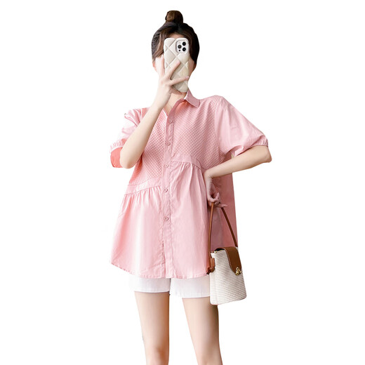 Top de maternité de la mère de Ranqi dans la couverture d'été Belly 2025 Nouvelle petite chemise à manches courtes Summer Sumy Fashion Summer Blue Top (Single Piece) L