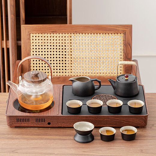 Tangfeng black pottery Kung Fu tea set, smart integrated tea tray, complete set of light luxury retro boiling water tea making equipment for home living room, walnut color stone surface tea tray + elegant lifting kettle, transparent