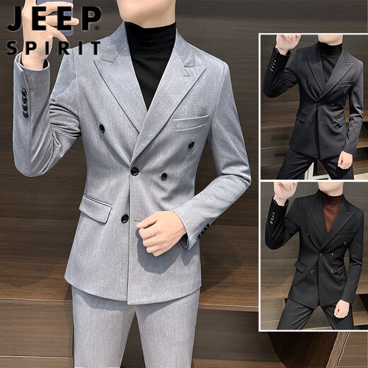 Jeep (JEEP) men's suit suit wedding high-end wedding groom slim fit lapel double-breasted casual small suit jacket black single suit M recommended 110Jin Jin is equal to within 0.5 kg