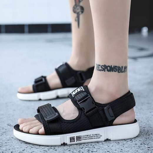 Changxiang Huili Junior High School Schüler Sandalen für Männer im Frühjahr und Herbst und Sommer Outdoor Casual Beach Schuhe Männer koreanische Klettverbände Sandalen Männer W9921 All Black 43