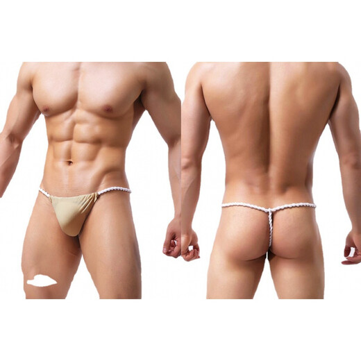 Sexy thong, men's sexy underwear, mini thin thong, ice silk butt lift, C-shaped one-piece couple sex teasing sex toy, thin ice silk, light red, European size M (1.9-2.2 feet)