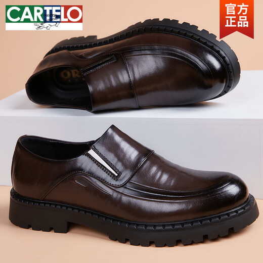 CARTELO casual leather shoes for men, slip-ons, soft leather business men's shoes, autumn fashionable genuine leather thick-soled inner height-increasing derby shoes, black, non-increasing 40