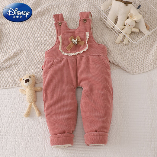 Disney (Disney) baby overalls autumn and winter baby quilted open crotch warm cotton pants for boys and girls a pair of winter casual pants outer pants TU overalls cotton pants pocket bow pink 80 cm