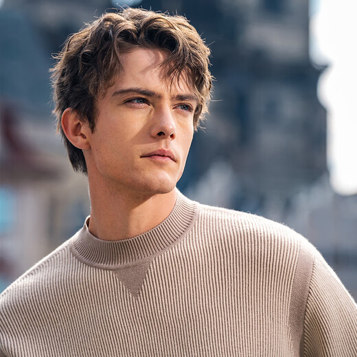 
Mr. Bu Bu silhouette round neck thickened sweater for men's spring and autumn splicing design comfortable knitted sweater KT15699 Oatmeal Gray M (170)