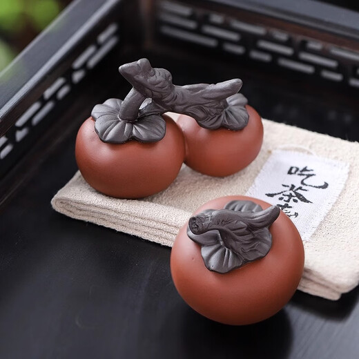 Original ore purple sand persimmon tea pet ornaments cover boutique can be raised to prevent real fruit tea set small tea complete decorative crafts purple sand persimmon tea pet - good persimmons in pairs