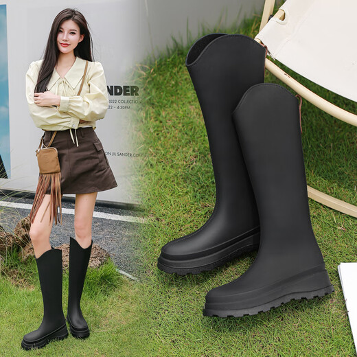 DG/du neue Regenstiefel für Frauen mit modischen hochrösten Regenstiefeln für Internet Celebrity plus Samt Langstuhlschuhe Nicht-Rutsch-Küchengummi-Schuhe Single Schuh-Schwarz (Standardgröße) 38 (Hinzufügen von Samtabdeckungen kann absendlich sein)
