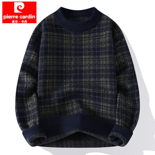 Pier Cardin 2025 winter thickened plaid sweater men's trendy brand round neck loose knit sweater men's pullover trendy jacquard thread Coffee 3XL