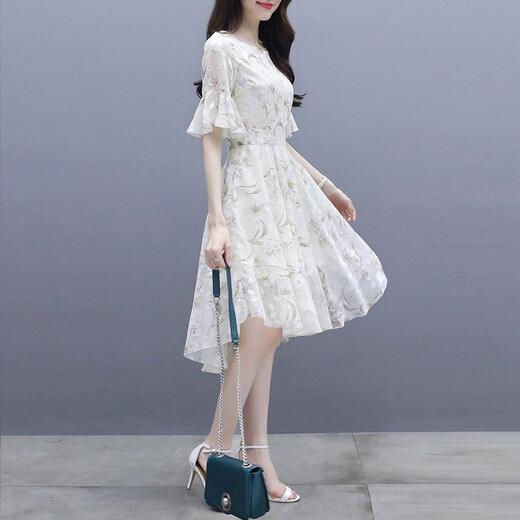 拉夏贝尔（La Chapelle）短袖雪纺连衣裙女装2025年夏季新款韩版小个子中长款沙滩裙子春天 米白色 M 【建议95-105斤左右】
