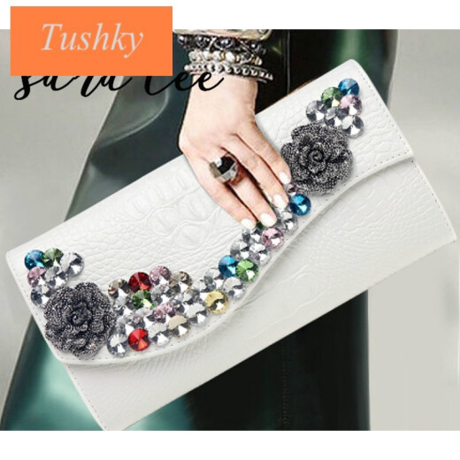 tushky品牌新款镶钻女牛皮手拿包女水钻手抓包时尚大容量夹包晚宴包手包 黑色