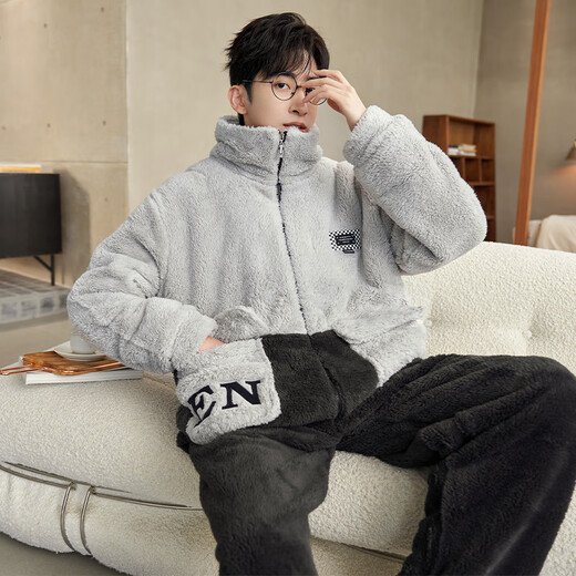 蓓星彤男士睡衣秋冬季珊瑚绒加厚加绒保暖青年休闲可外家居服秋冬款套装 1349N浅灰+黑色【立领款】 L 【建议100-138斤】