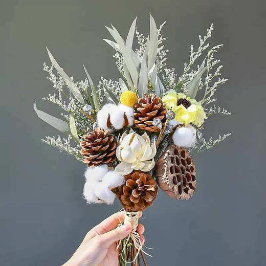 AIMAN dried flowers immortal flower decorative ornaments cotton real flowers small fresh eucalyptus leaves daisies pine cones living room bedroom flower arrangement magnolia flower + golden ball + immortal yellow hydrangea with glass vase