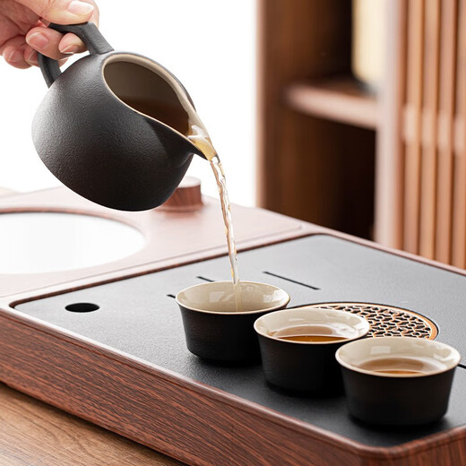 Tangfeng black pottery Kung Fu tea set, smart integrated tea tray, complete set of light luxury retro boiling water tea making equipment for home living room, walnut color stone surface tea tray + elegant lifting kettle, transparent